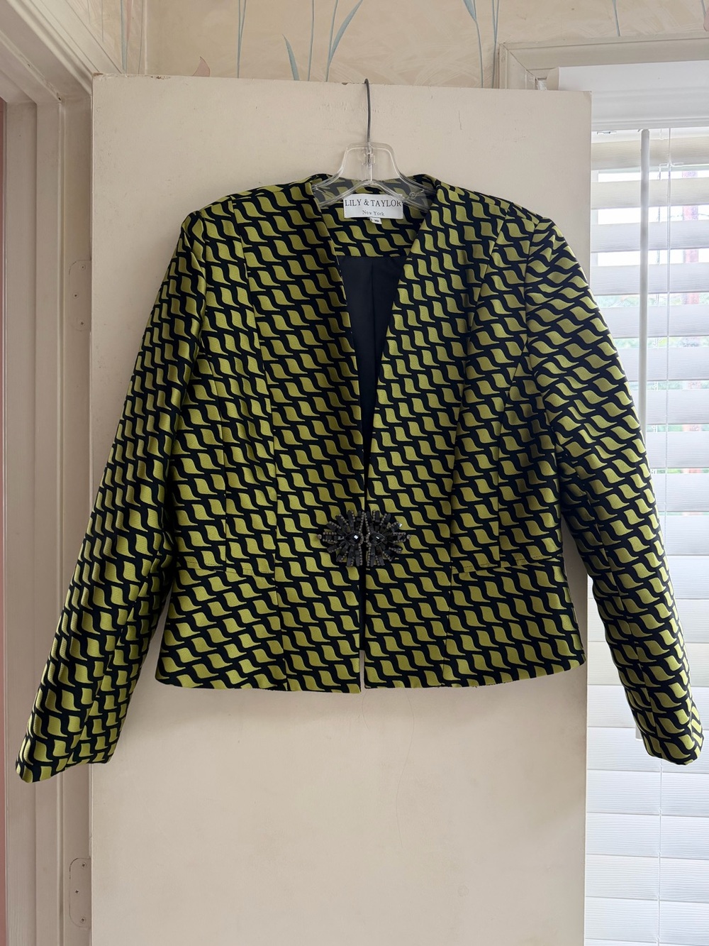 Lime Green Patterned Open-Front Blazer with Decorative Clasp